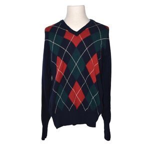 Lyle & Scott 100% Cashmere Argyle Sweater Scotland Made Navy Red Fits M Preppy